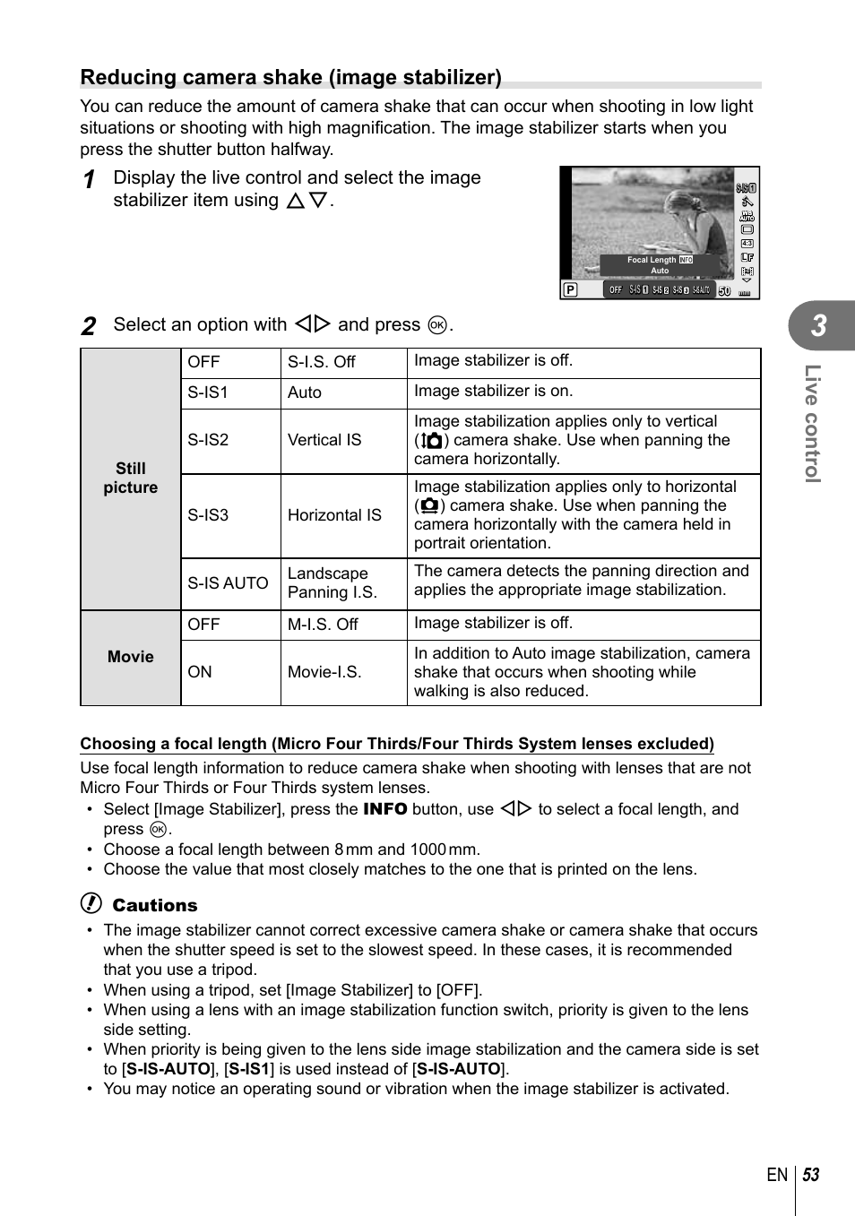 Live control, Reducing camera shake (image stabilizer), 53 en | Select an option with hi and press q, Cautions | Olympus E-P5 User Manual | Page 53 / 149