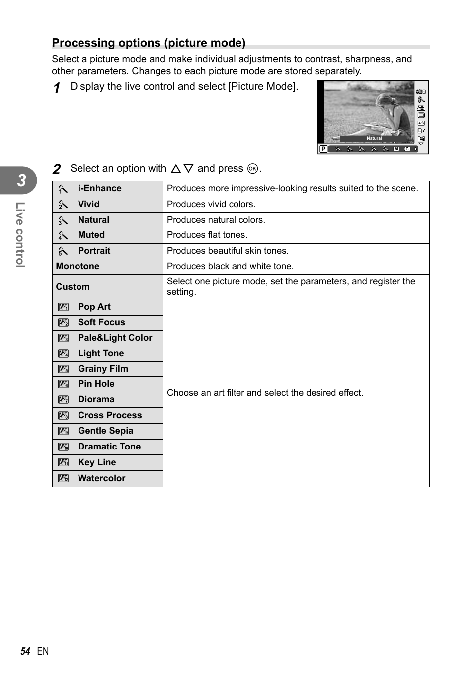 Live control, Processing options (picture mode), 54 en | Display the live control and select [picture mode, Select an option with fg and press q | Olympus E-P5 User Manual | Page 54 / 149