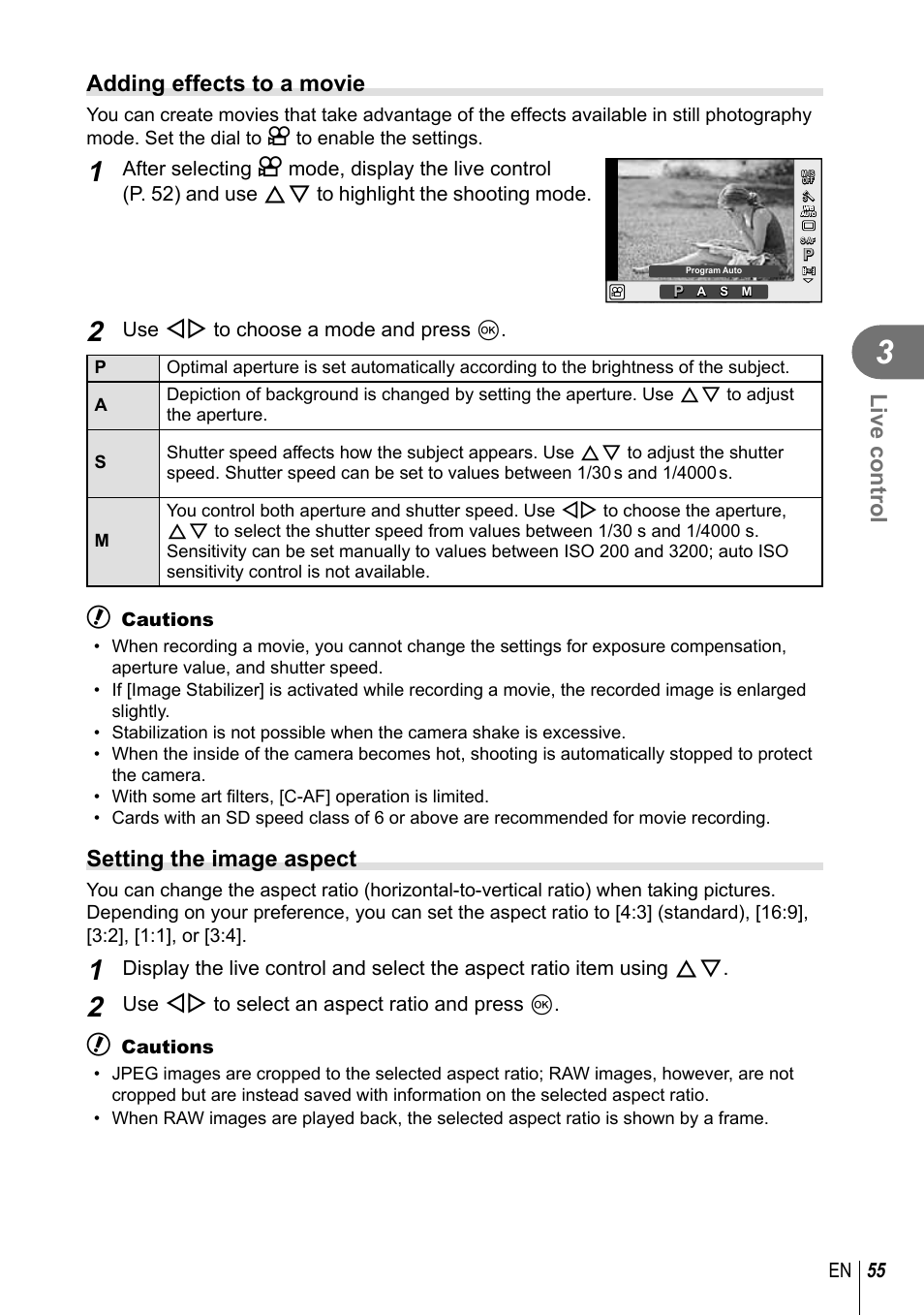 Live control, Adding effects to a movie, Setting the image aspect | 55 en, Use hi to choose a mode and press q, Use hi to select an aspect ratio and press q | Olympus E-P5 User Manual | Page 55 / 149