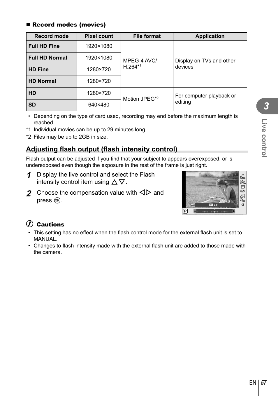 Live control, Adjusting fl ash output (fl ash intensity control), 57 en | Choose the compensation value with hi and press q | Olympus E-P5 User Manual | Page 57 / 149