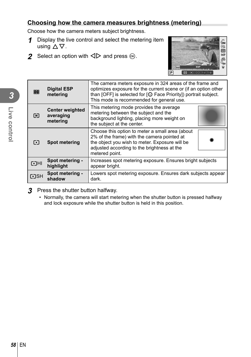 Live control, 58 en, Select an option with hi and press q | Press the shutter button halfway, Choose how the camera meters subject brightness | Olympus E-P5 User Manual | Page 58 / 149