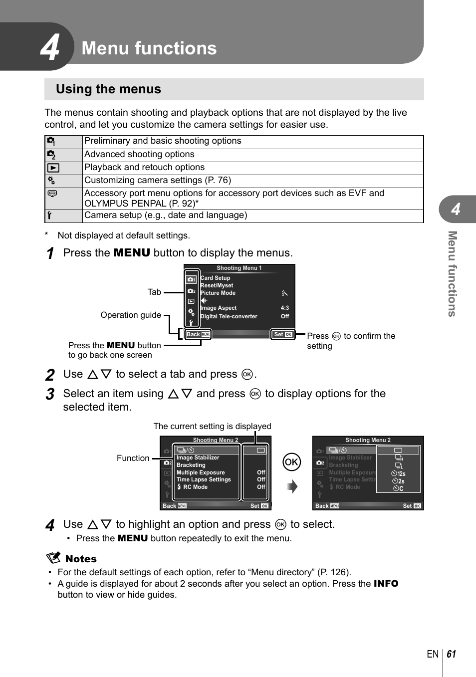 Menu functions, Using the menus, Press the menu button to display the menus | Use fg to select a tab and press q, 61 en | Olympus E-P5 User Manual | Page 61 / 149