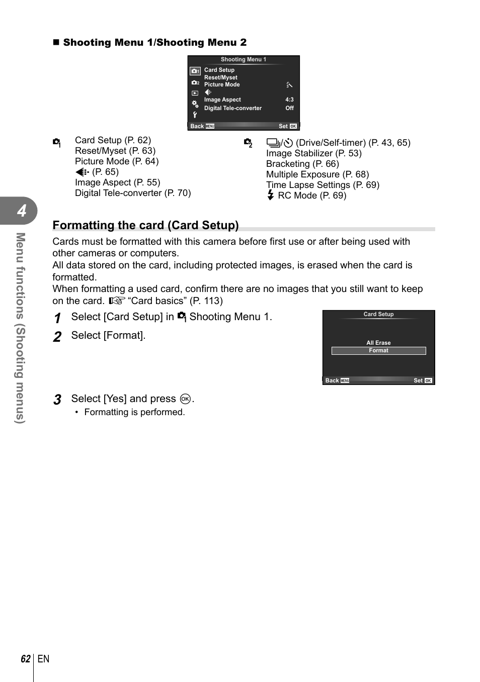 Menu functions (shooting menus), Formatting the card (card setup), 62 en | Select [card setup] in w shooting menu 1, Select [format, Select [yes] and press q | Olympus E-P5 User Manual | Page 62 / 149