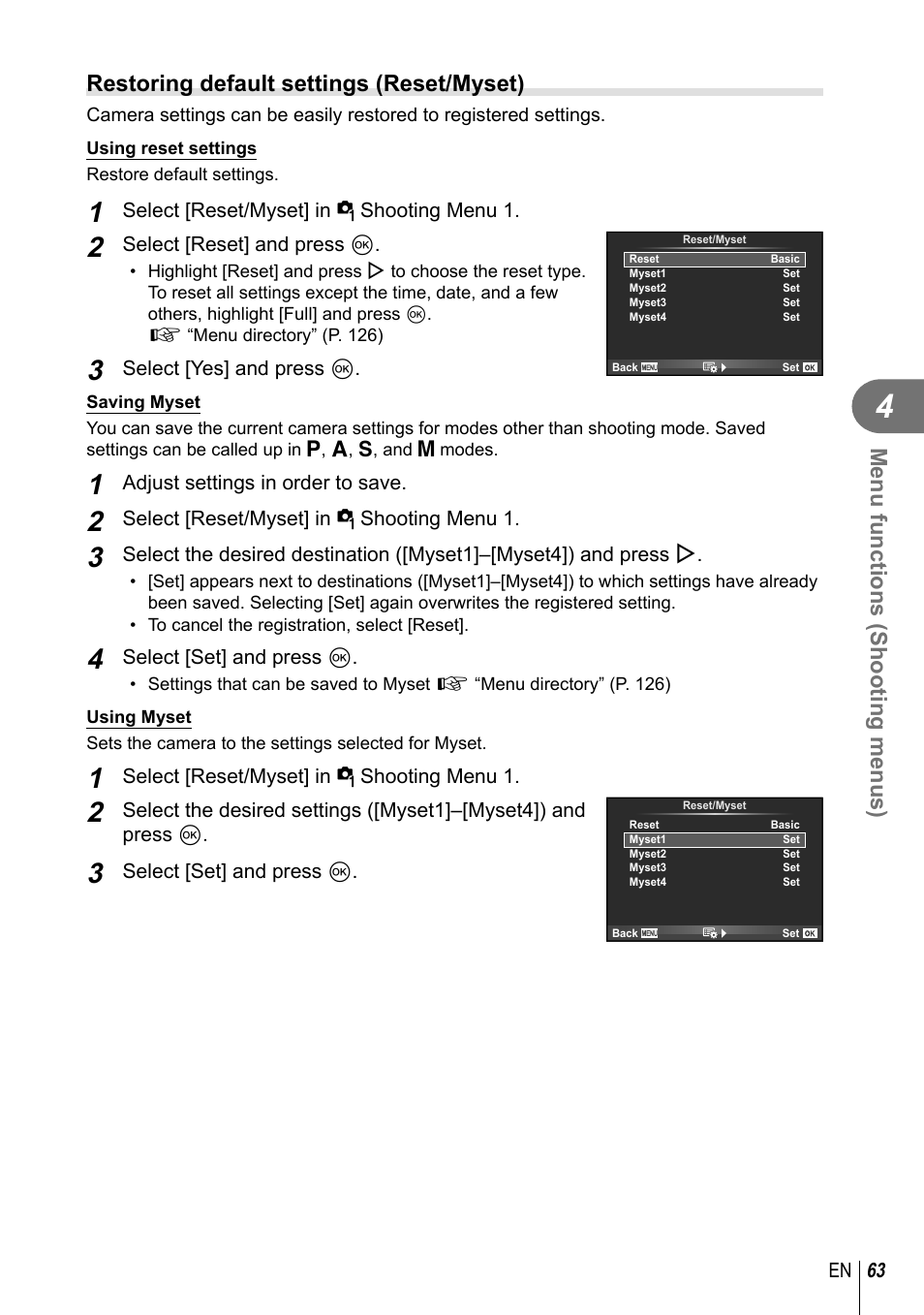 Menu functions (shooting menus), Restoring default settings (reset/myset) | Olympus E-P5 User Manual | Page 63 / 149