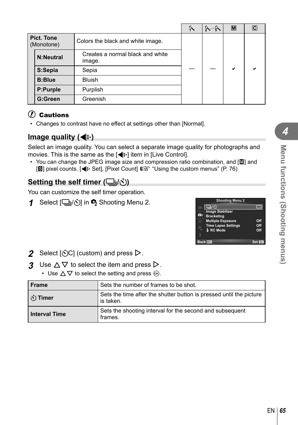 Menu functions (shooting menus), Image quality ( k ), Setting the self timer ( j / y ) | Olympus E-P5 User Manual | Page 65 / 149