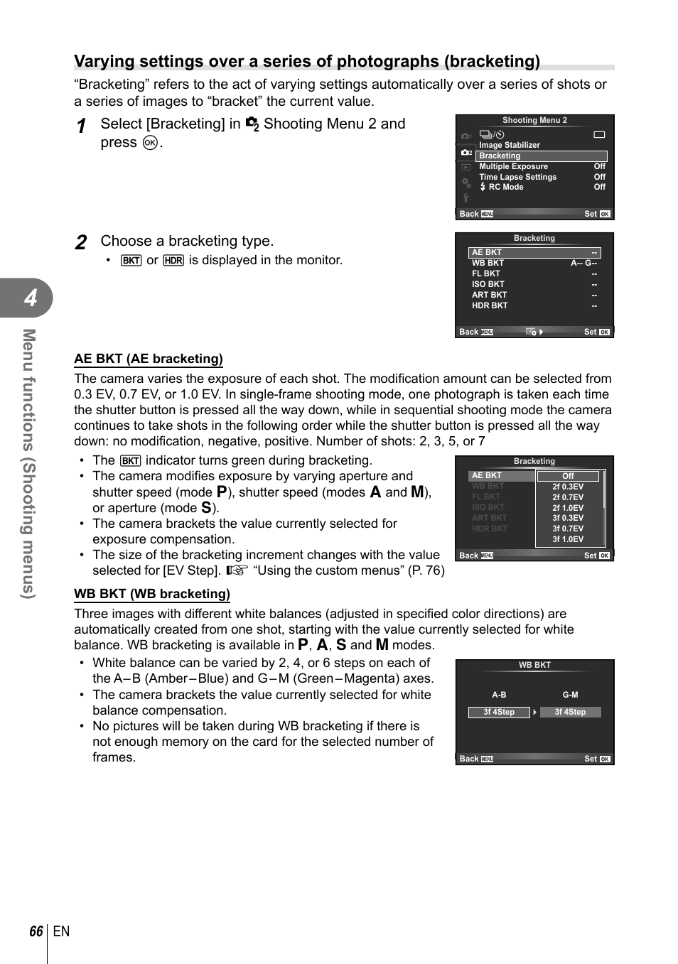 Menu functions (shooting menus), 66 en, Choose a bracketing type | T or f is displayed in the monitor | Olympus E-P5 User Manual | Page 66 / 149