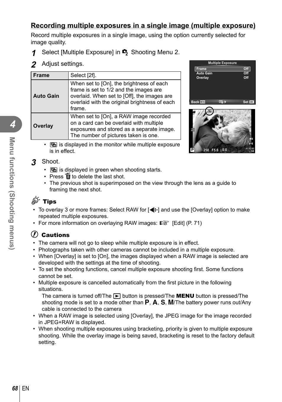 Menu functions (shooting menus), 68 en, Select [multiple exposure] in x shooting menu 2 | Adjust settings, Shoot | Olympus E-P5 User Manual | Page 68 / 149