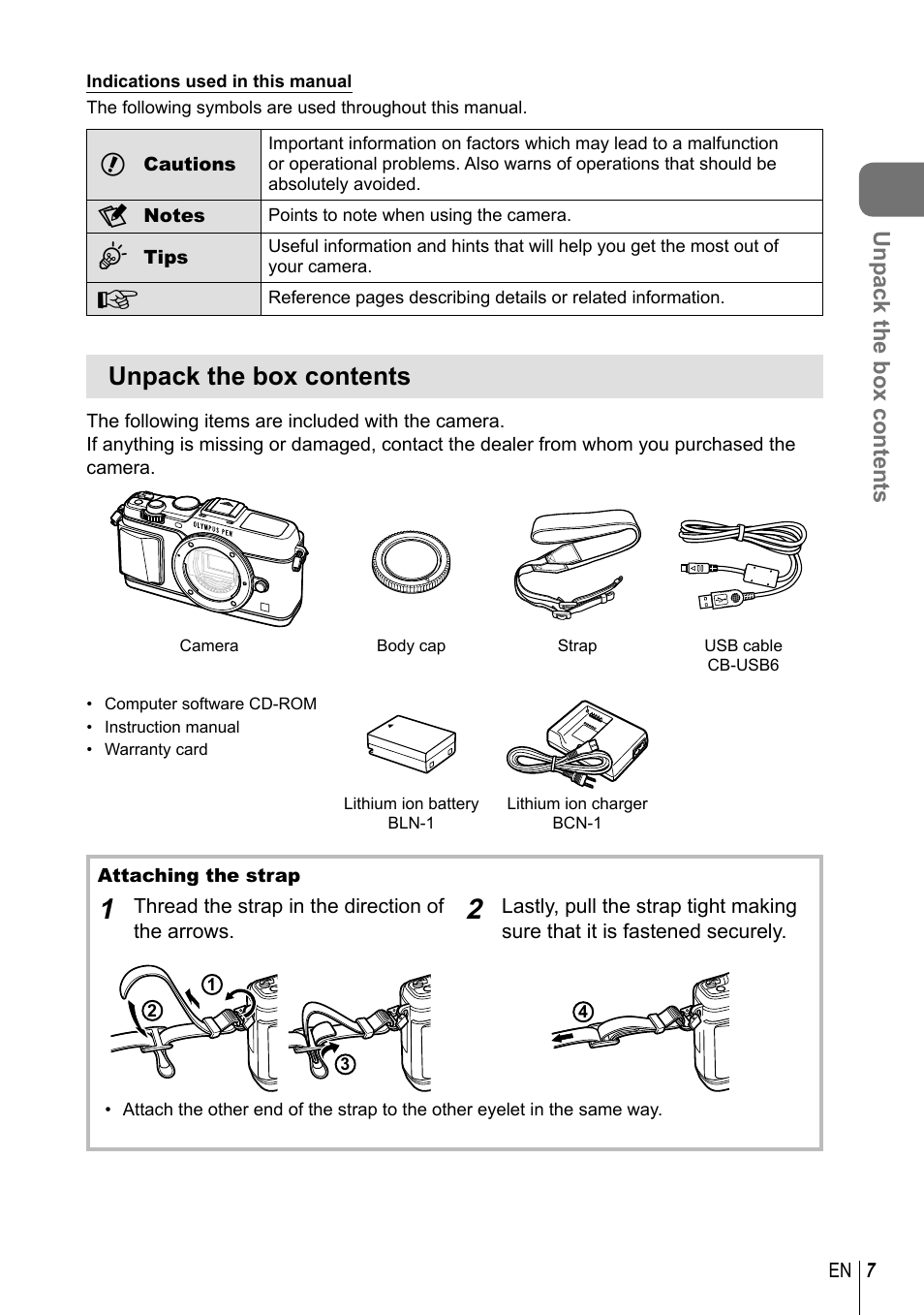 Unpack the box contents | Olympus E-P5 User Manual | Page 7 / 149