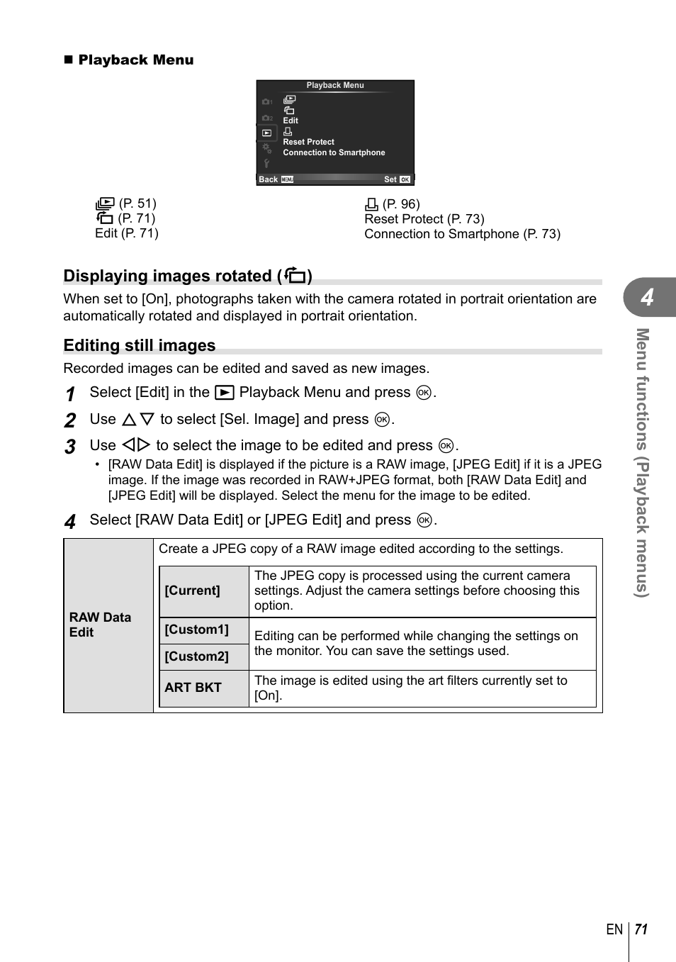 Menu functions (playback menus), Displaying images rotated ( r ), Editing still images | Olympus E-P5 User Manual | Page 71 / 149