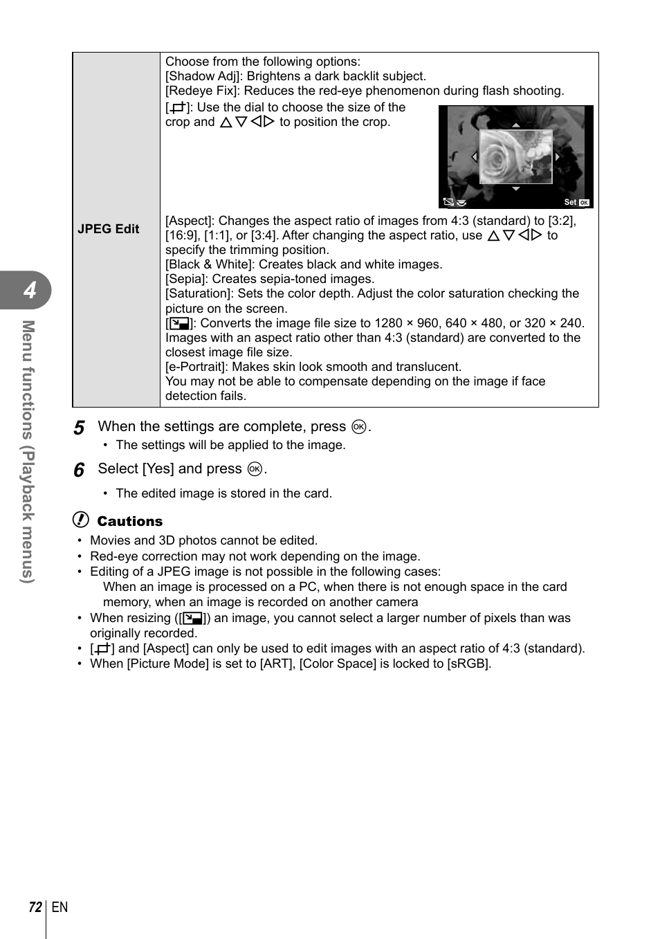 Menu functions (playback menus) | Olympus E-P5 User Manual | Page 72 / 149