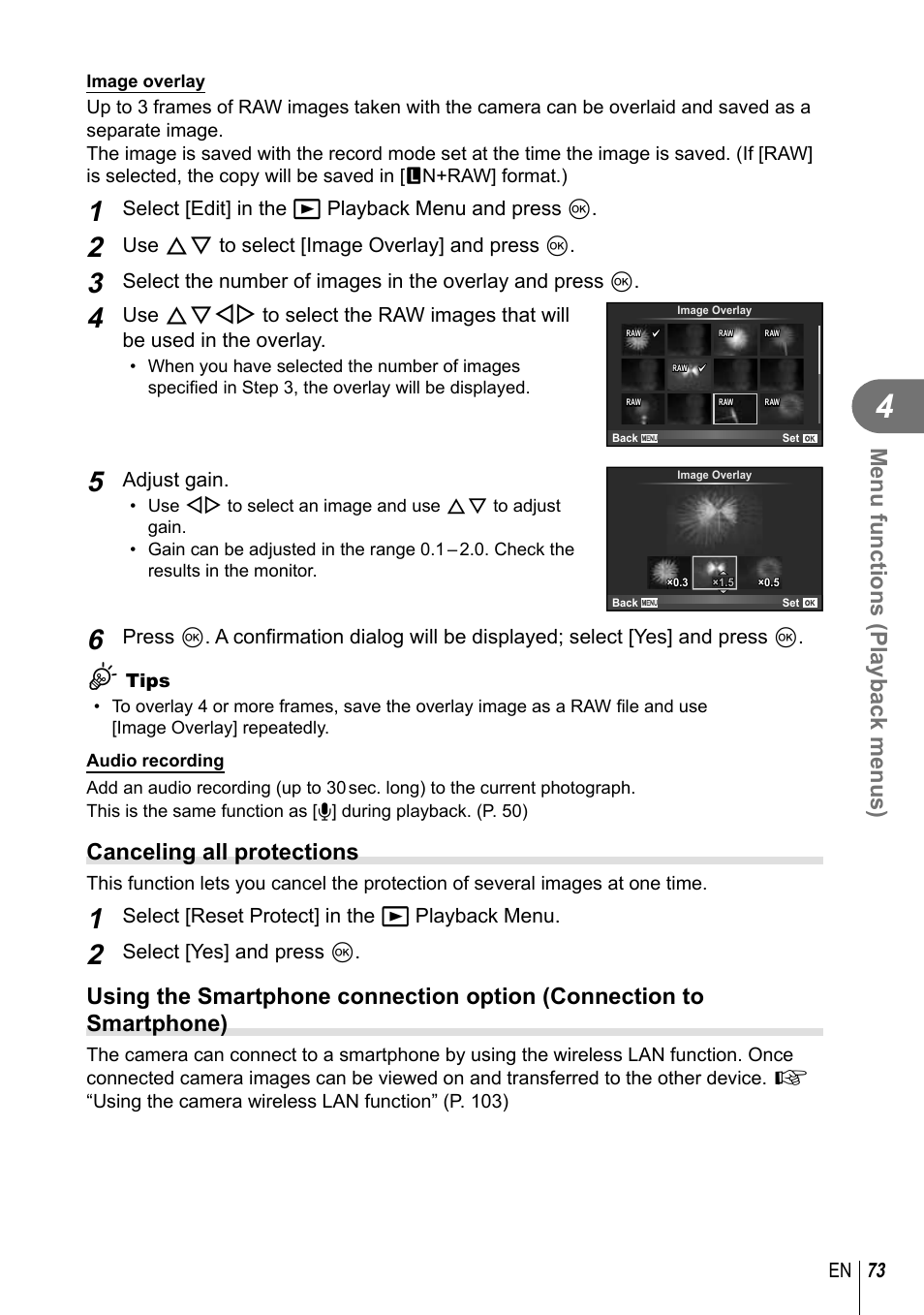 Menu functions (playback menus), Canceling all protections | Olympus E-P5 User Manual | Page 73 / 149