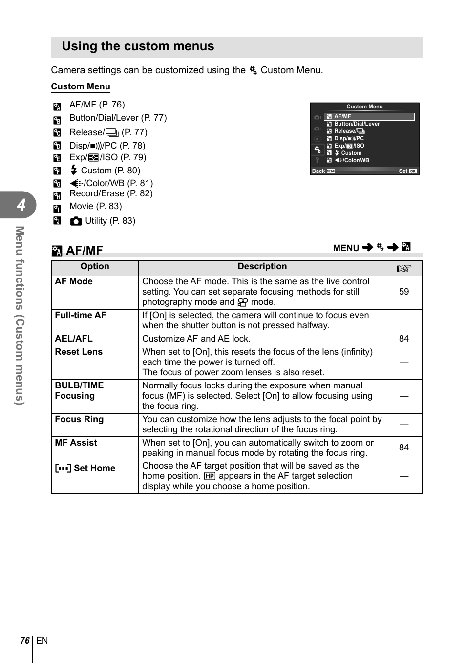 Using the custom menus, R af/mf, Menu functions (custom menus) | 76 en | Olympus E-P5 User Manual | Page 76 / 149