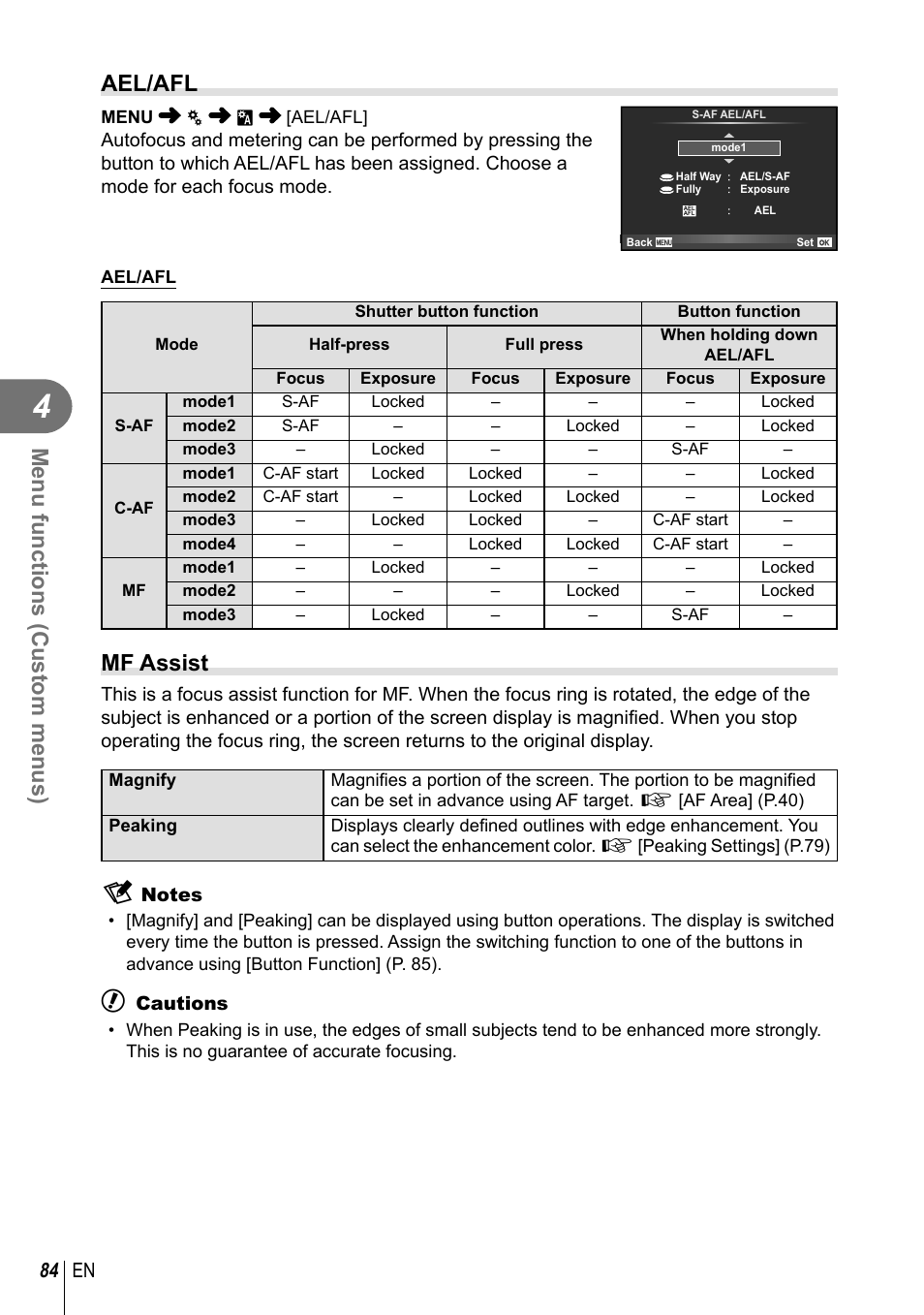 Menu functions (custom menus), Ael/afl, Mf assist | 84 en | Olympus E-P5 User Manual | Page 84 / 149