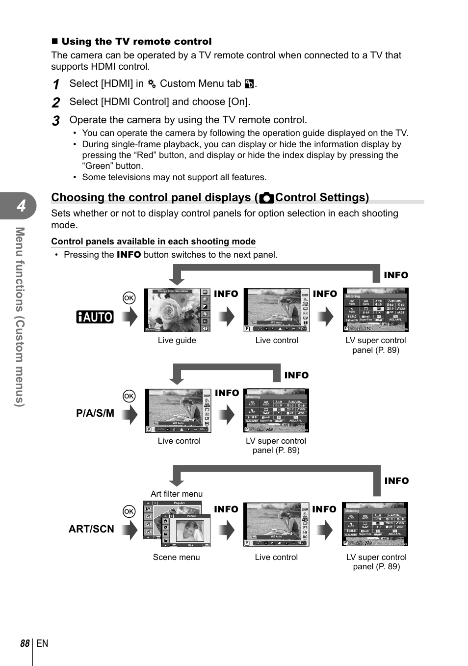 Menu functions (custom menus), 88 en, Select [hdmi] in c custom menu tab u | Select [hdmi control] and choose [on, Operate the camera by using the tv remote control, P/a/s/m art/scn, Info, Live guide, Art fi lter menu, Scene menu | Olympus E-P5 User Manual | Page 88 / 149