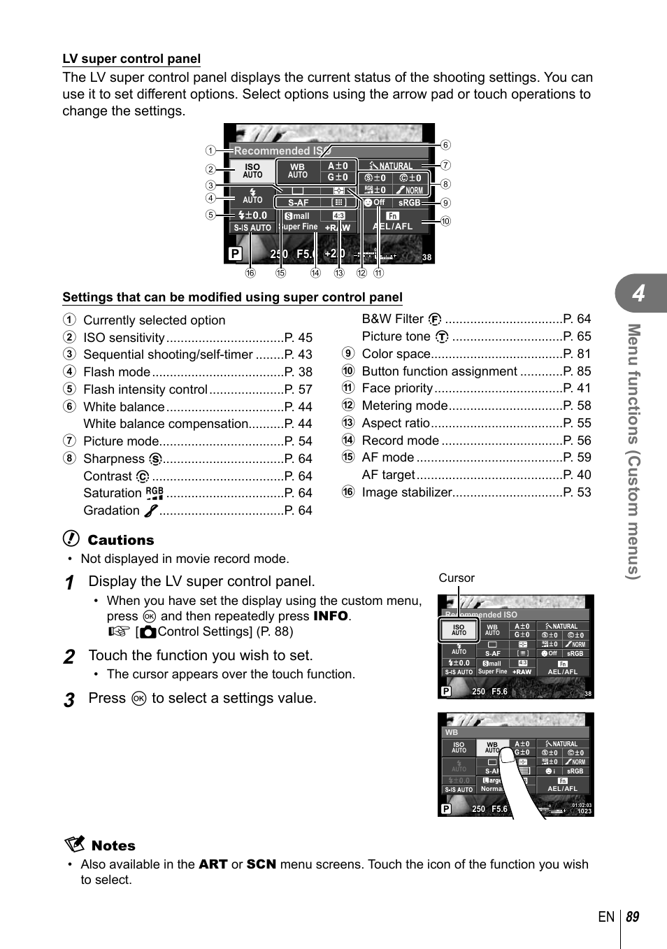 Menu functions (custom menus), 89 en, Display the lv super control panel | Touch the function you wish to set, Press q to select a settings value, Cautions | Olympus E-P5 User Manual | Page 89 / 149