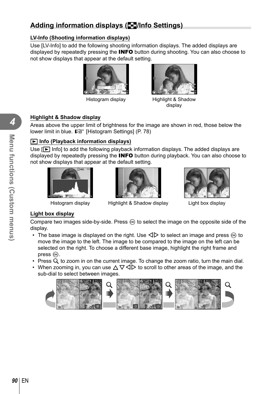 Menu functions (custom menus), Adding information displays ( g /info settings), 90 en | Highlight & shadow display histogram display | Olympus E-P5 User Manual | Page 90 / 149