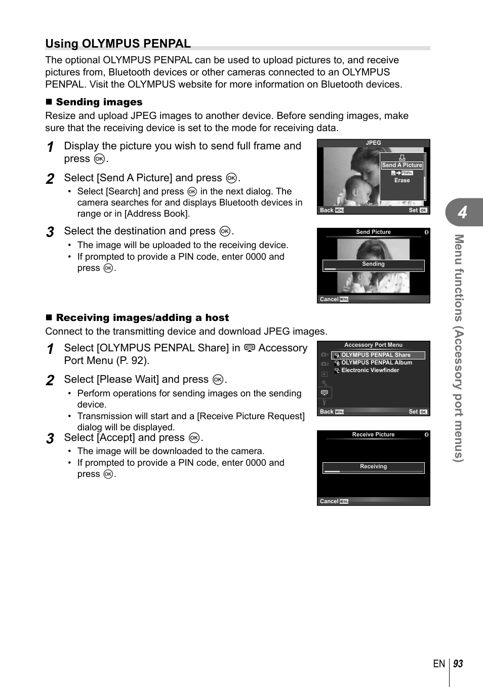 Menu functions (accessory port menus), Using olympus penpal | Olympus E-P5 User Manual | Page 93 / 149