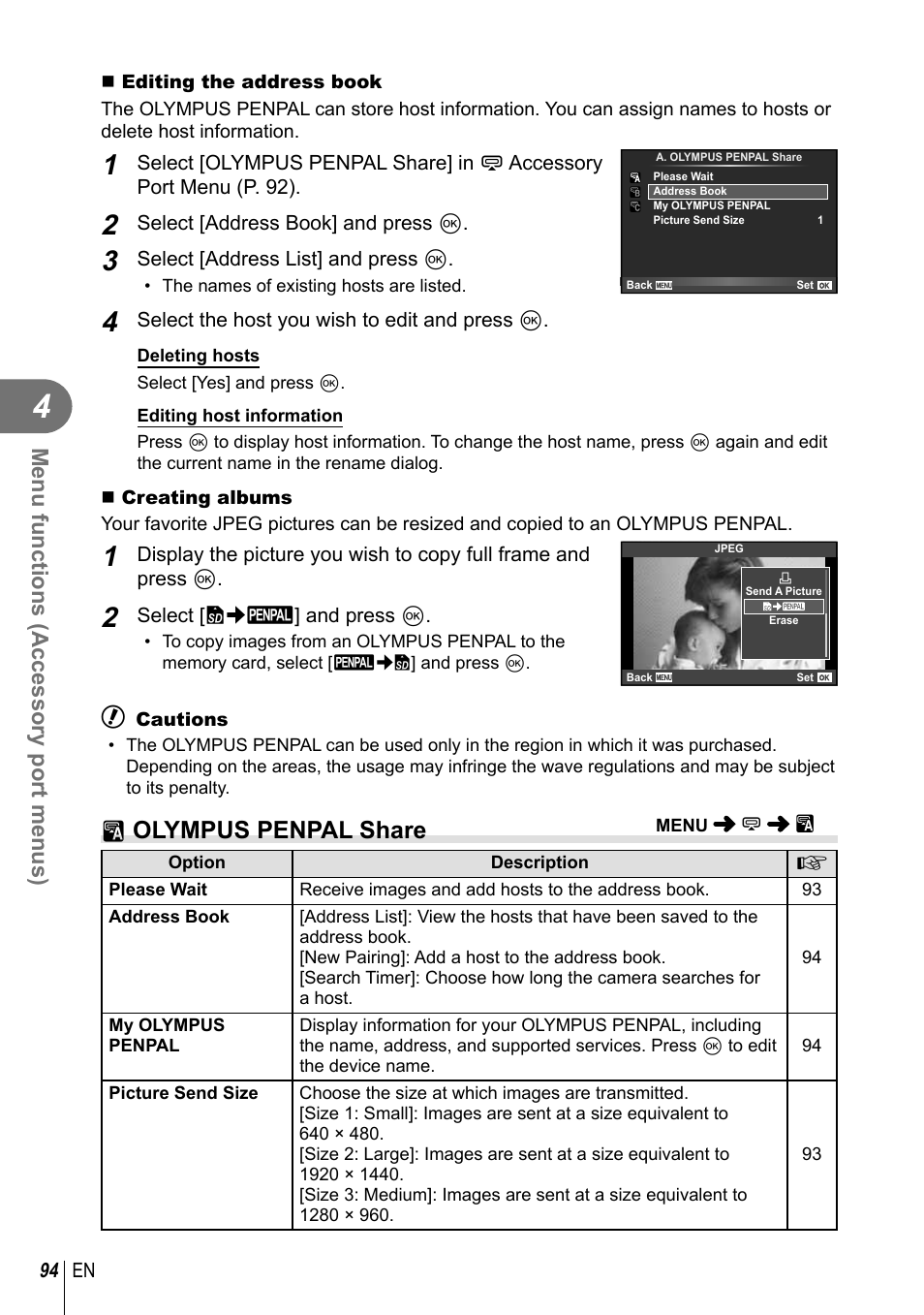 A olympus penpal share, Menu functions (accessory port menus) | Olympus E-P5 User Manual | Page 94 / 149