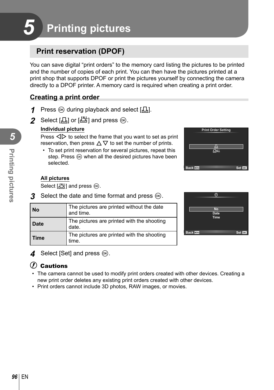 Printing pictures, Print reservation (dpof) | Olympus E-P5 User Manual | Page 96 / 149