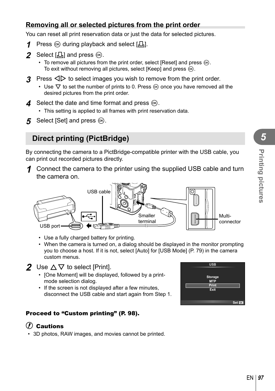 Direct printing (pictbridge) | Olympus E-P5 User Manual | Page 97 / 149