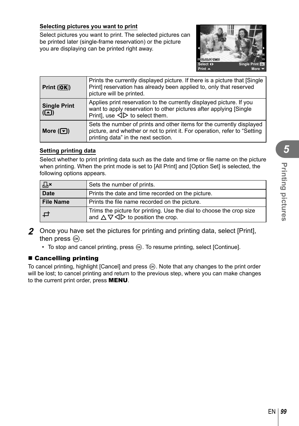 Printing pictures | Olympus E-P5 User Manual | Page 99 / 149