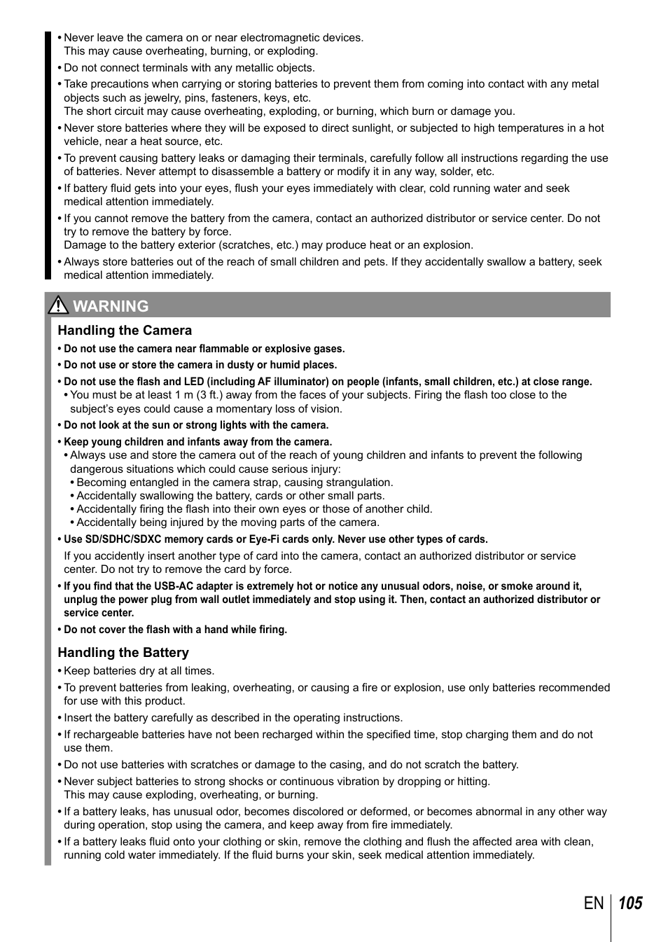 105 en, Warning | Olympus TG-3 User Manual | Page 105 / 118