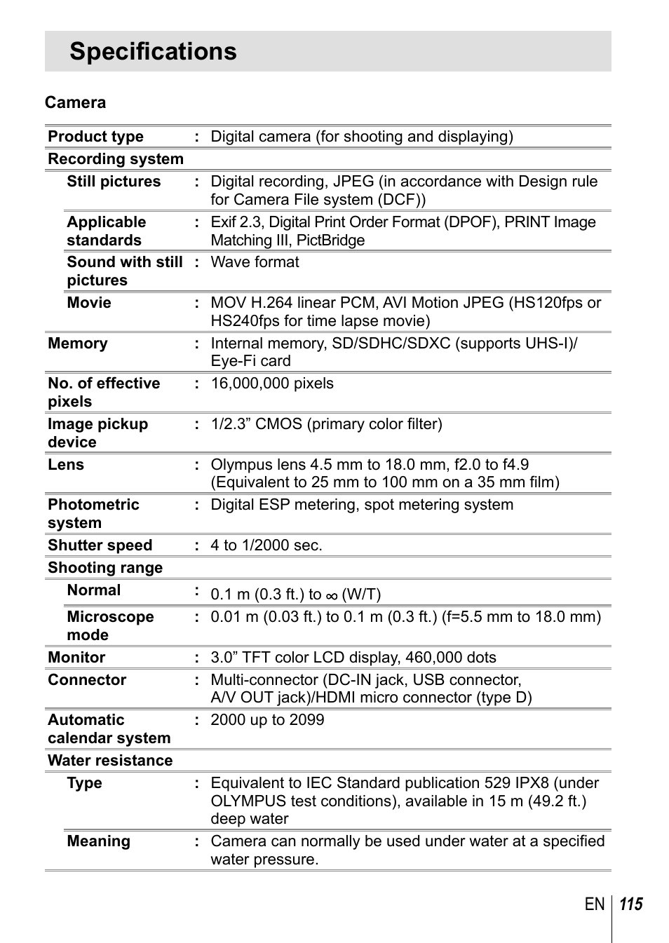 Specifications | Olympus TG-3 User Manual | Page 115 / 118