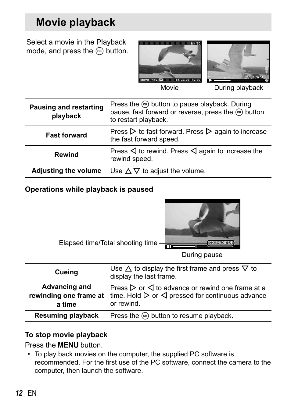 Movie playback, 12 en | Olympus TG-3 User Manual | Page 12 / 118