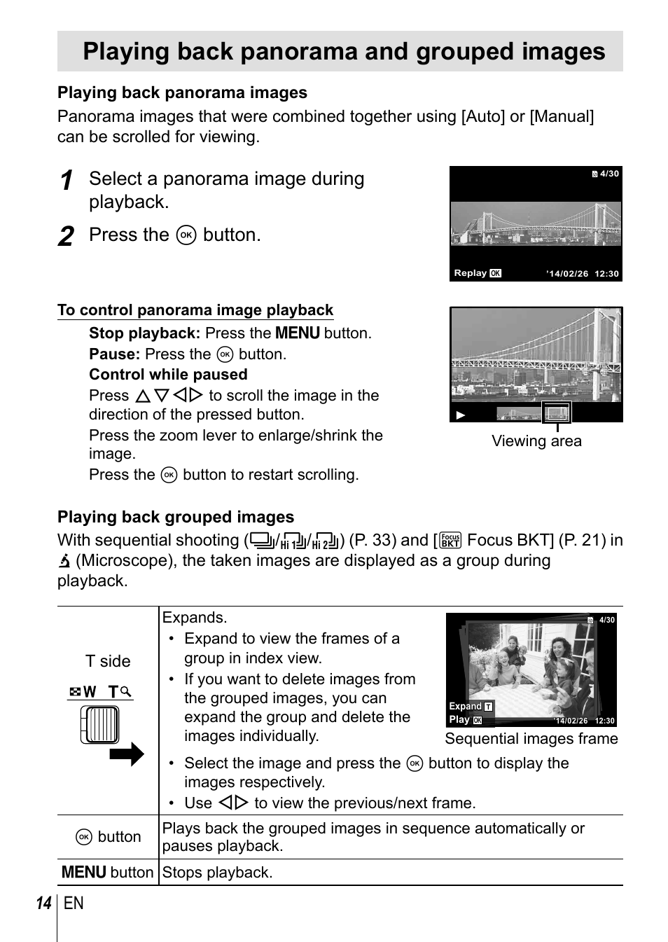 Playing back panorama and grouped images, Select a panorama image during playback, Press the a button | 14 en | Olympus TG-3 User Manual | Page 14 / 118