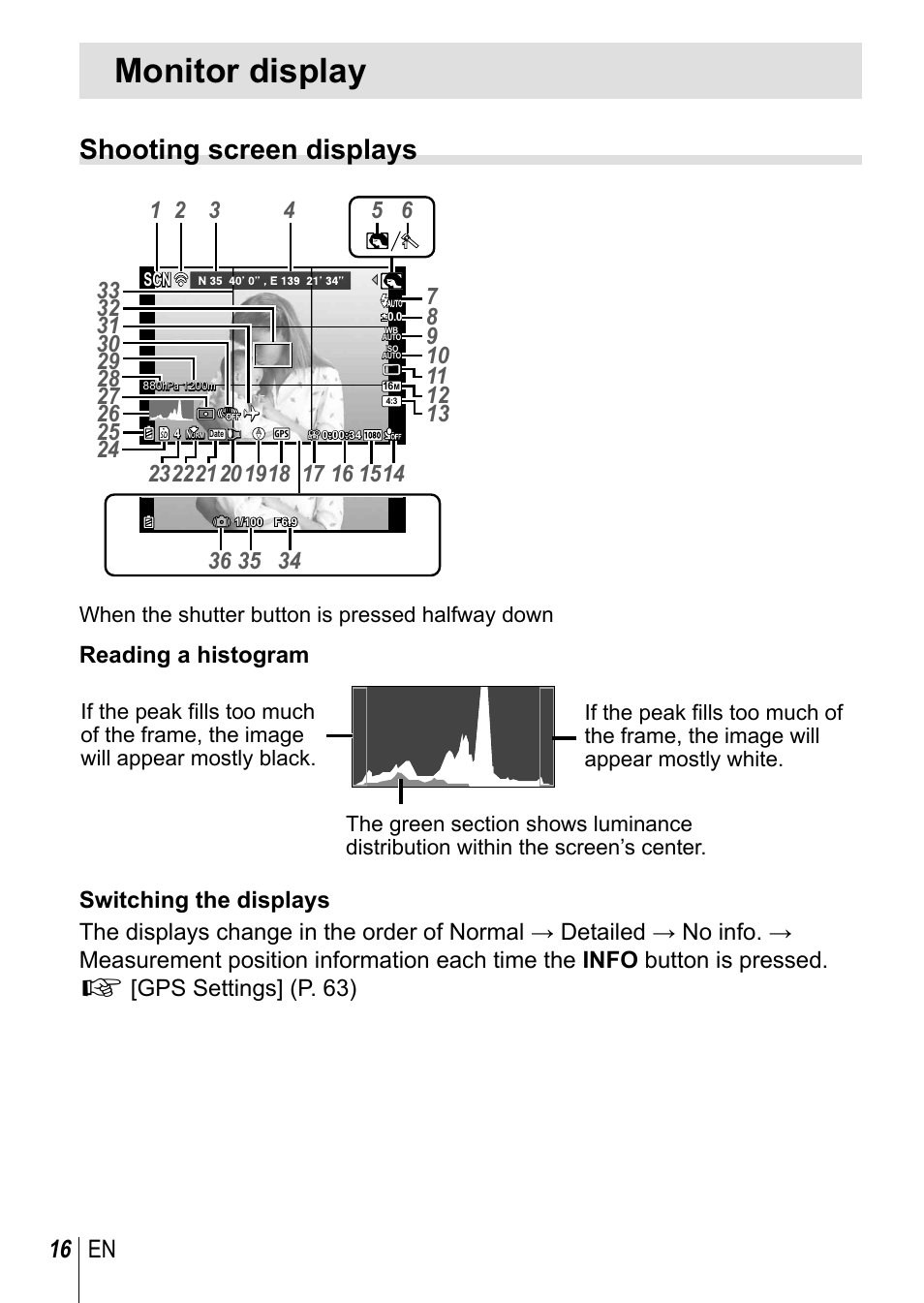 Monitor display, Shooting screen displays, 16 en | Reading a histogram, When the shutter button is pressed halfway down | Olympus TG-3 User Manual | Page 16 / 118