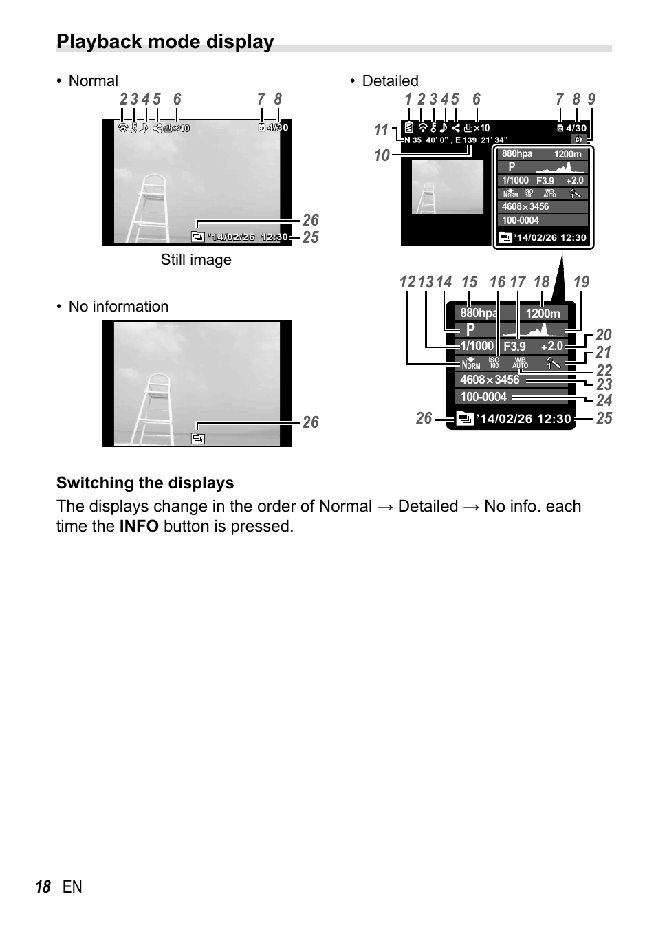 Playback mode display, 18 en, Normal | Still image • no information, Detailed | Olympus TG-3 User Manual | Page 18 / 118