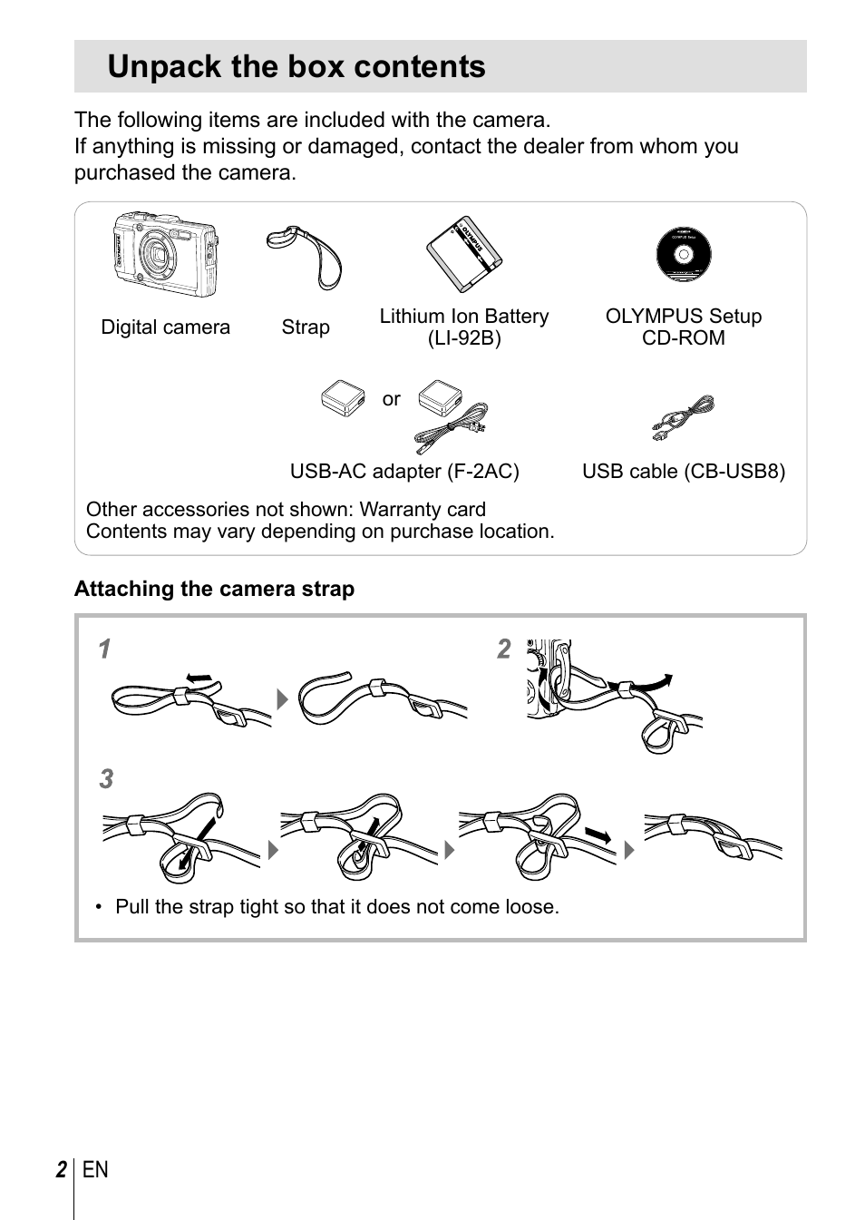 Unpack the box contents | Olympus TG-3 User Manual | Page 2 / 118