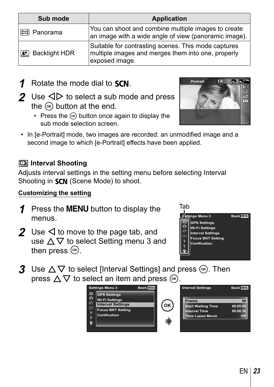 Rotate the mode dial to o, Press the  button to display the menus, 23 en | Olympus TG-3 User Manual | Page 23 / 118
