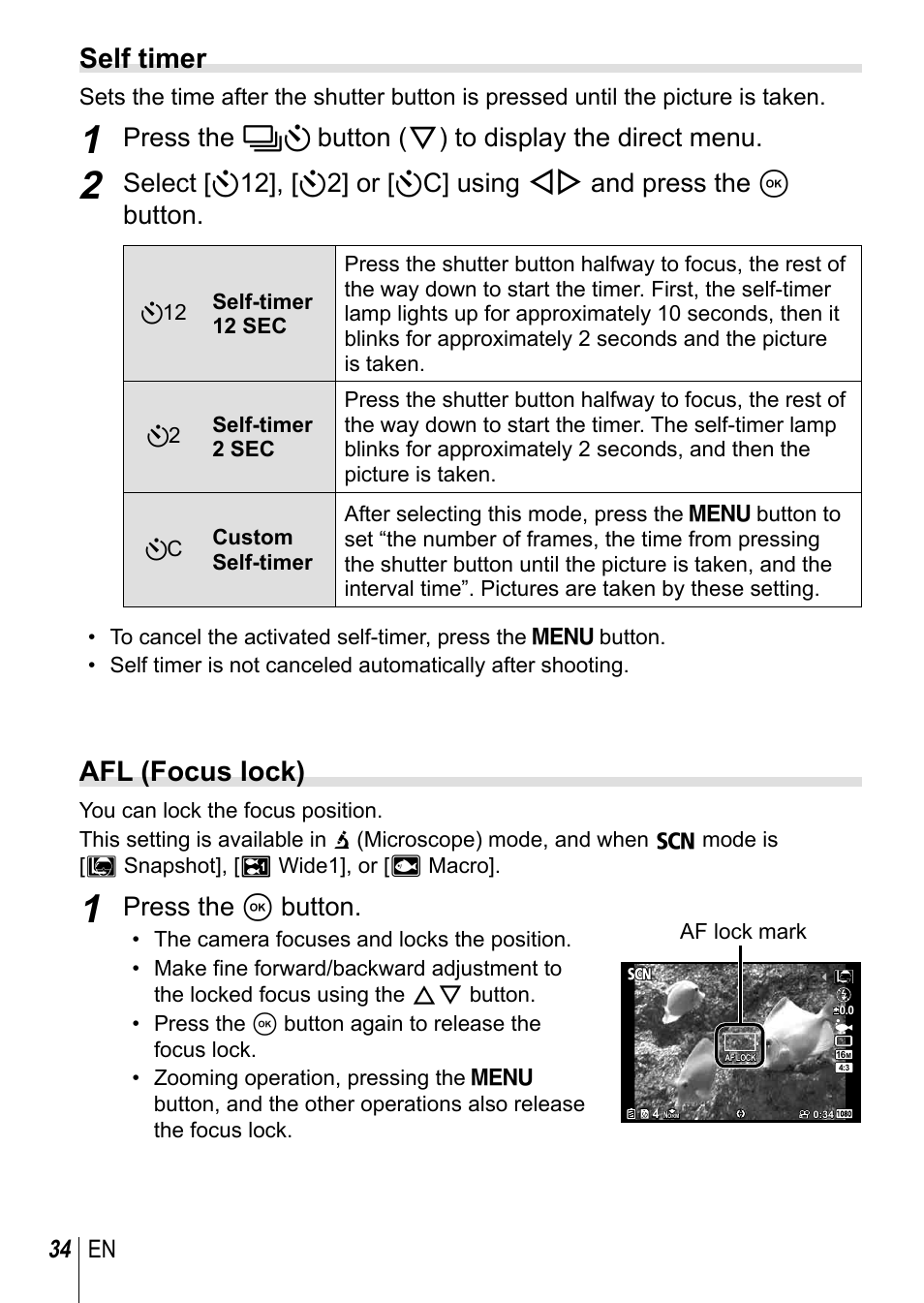 Self timer, Afl (focus lock), Press the a button | 34 en | Olympus TG-3 User Manual | Page 34 / 118