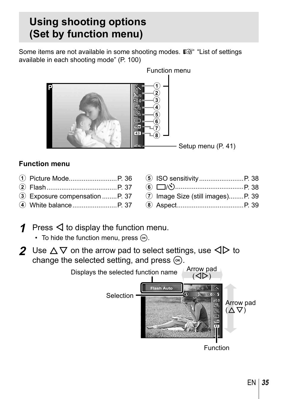 Using shooting options (set by function menu), Press h to display the function menu, 35 en | Function menu | Olympus TG-3 User Manual | Page 35 / 118