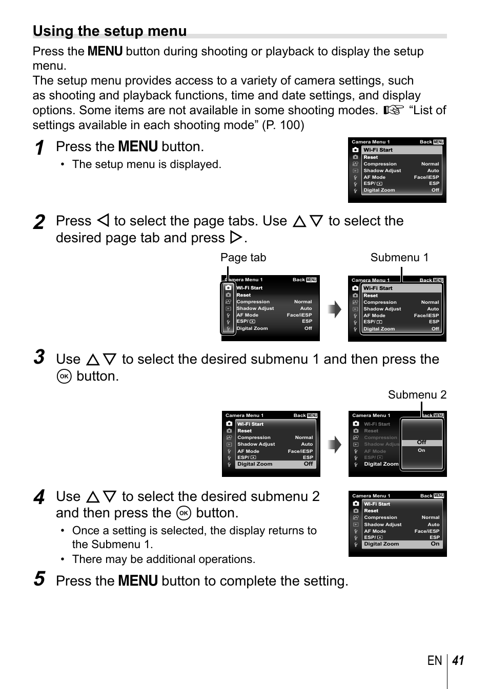 Using the setup menu, Press the  button, Press the  button to complete the setting | 41 en, The setup menu is displayed, Page tab, Submenu 1, Submenu 2 | Olympus TG-3 User Manual | Page 41 / 118