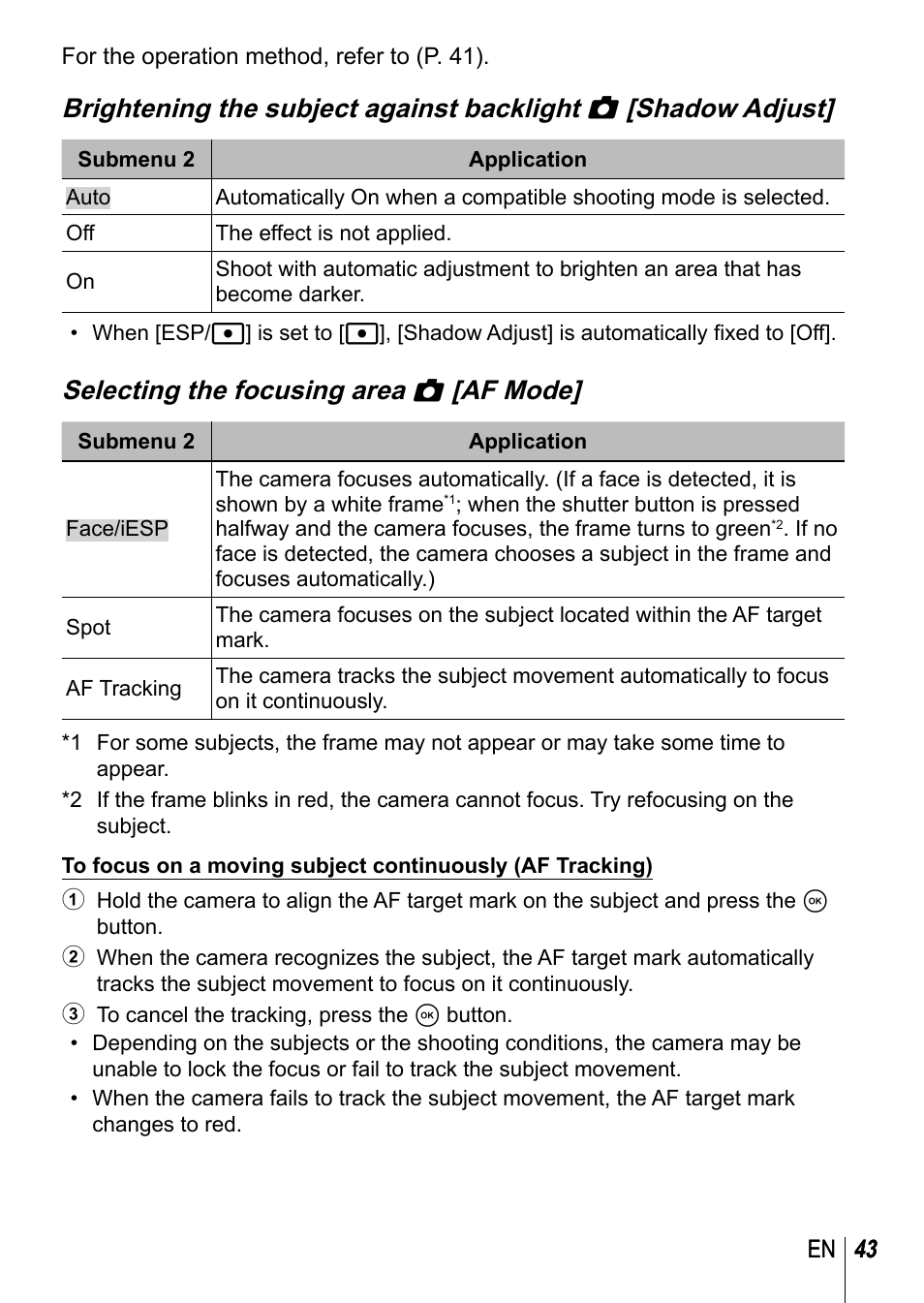 Selecting the focusing area z [af mode | Olympus TG-3 User Manual | Page 43 / 118