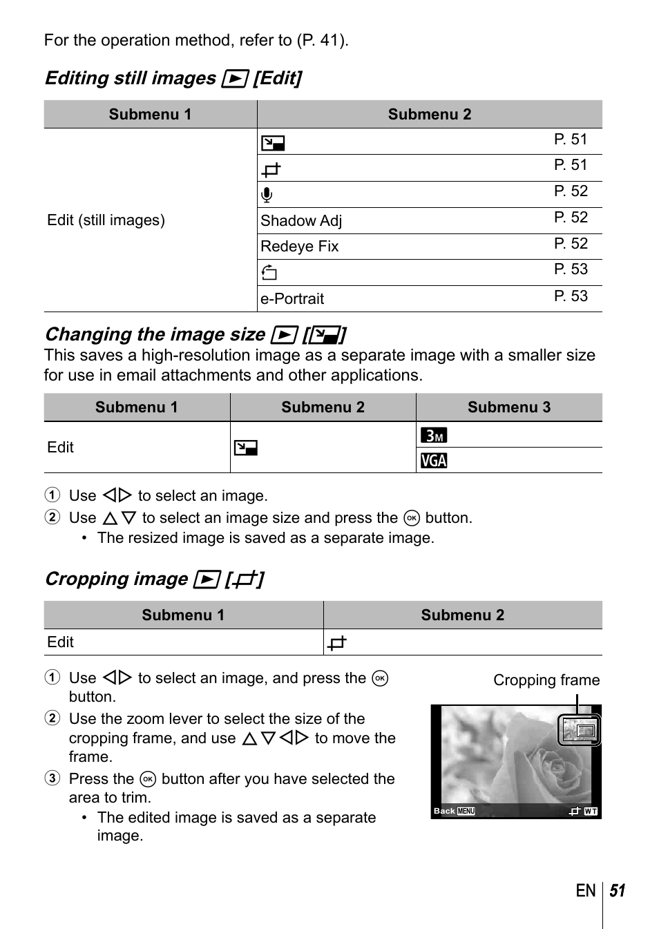 Editing still images q [edit, Changing the image size q [ q, Cropping image q [ p | Olympus TG-3 User Manual | Page 51 / 118
