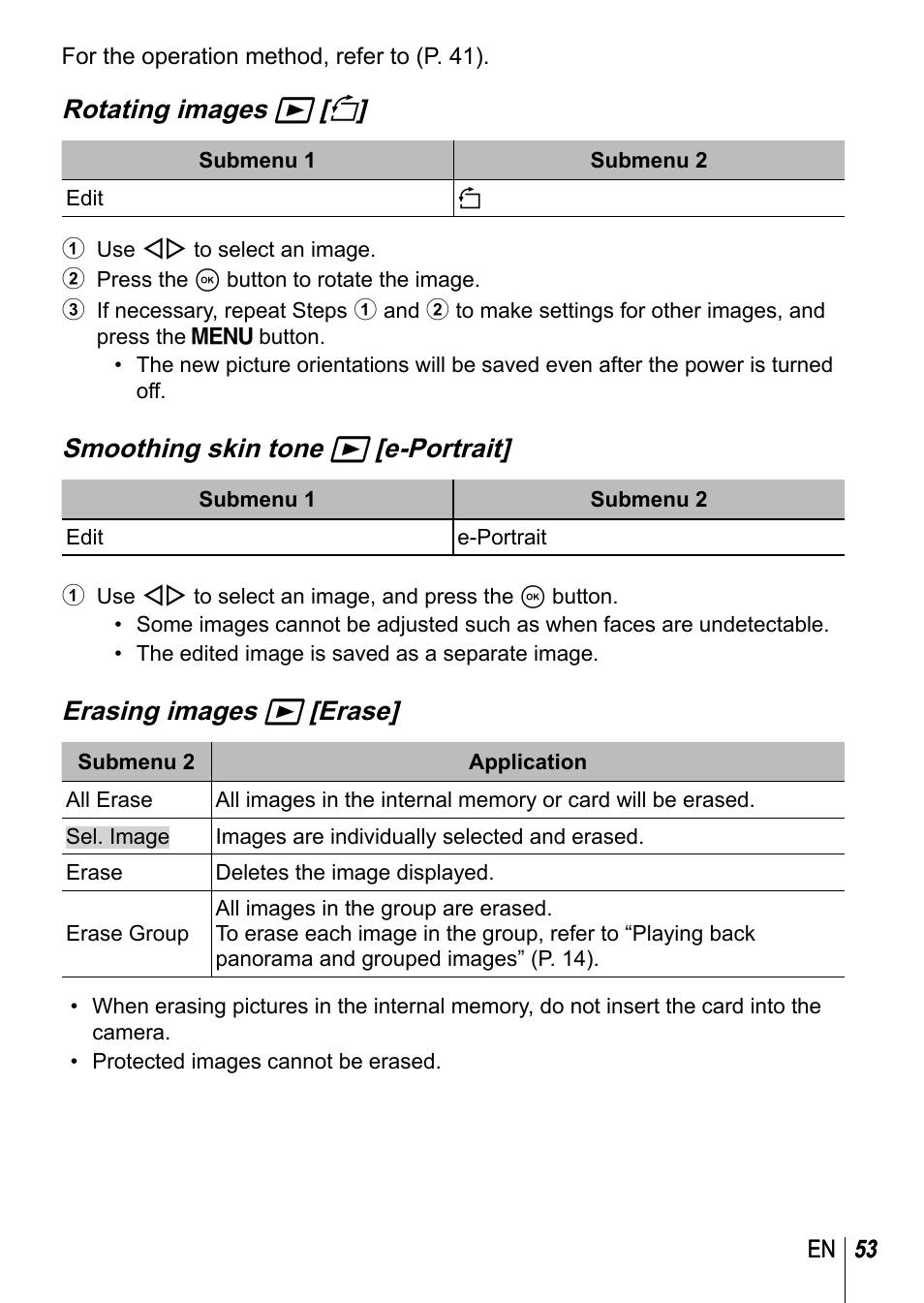 Rotating images q [ y, Smoothing skin tone q [e-portrait, Erasing images q [erase | Olympus TG-3 User Manual | Page 53 / 118