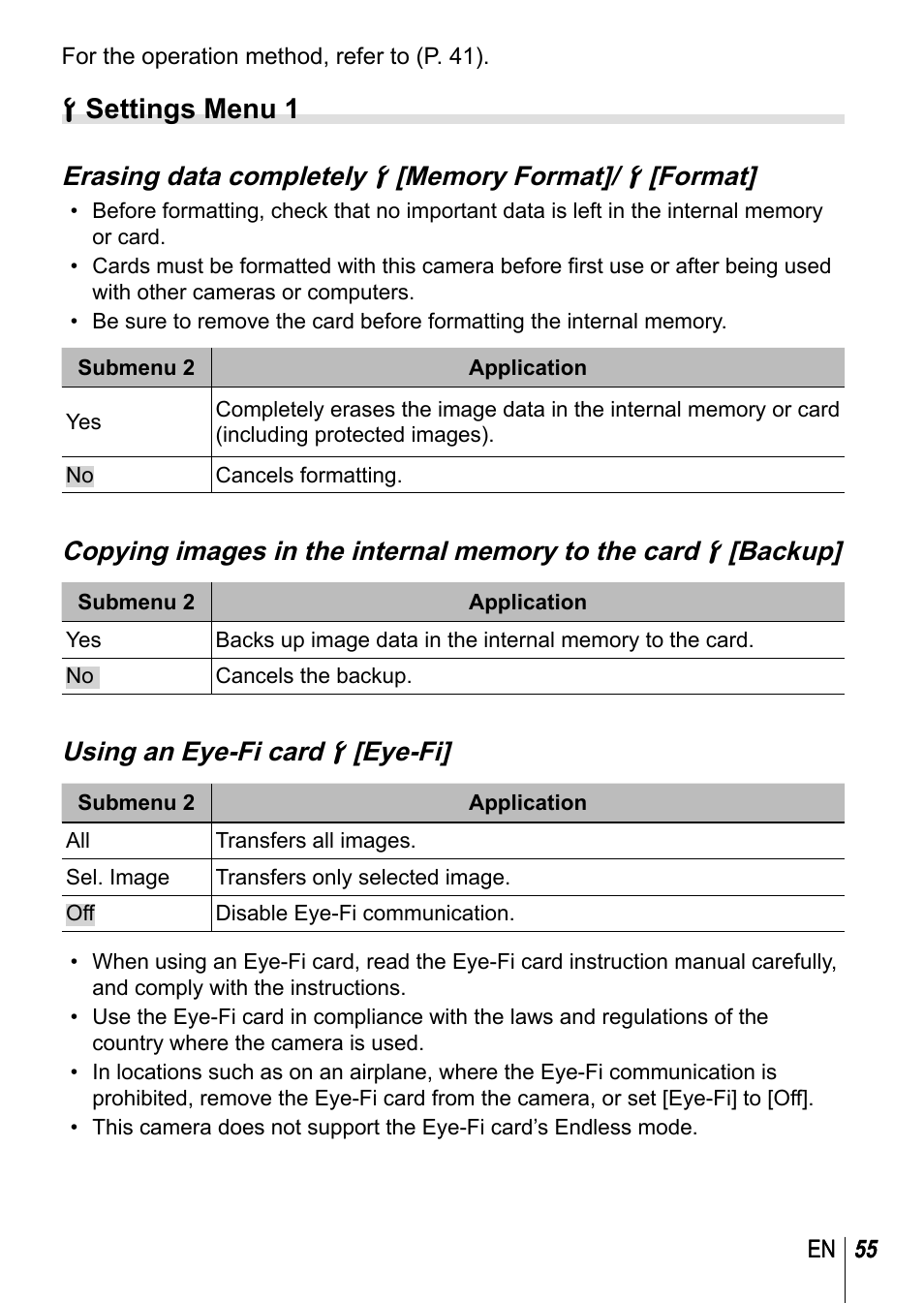 D settings menu 1, Using an eye-fi card d [eye-fi | Olympus TG-3 User Manual | Page 55 / 118