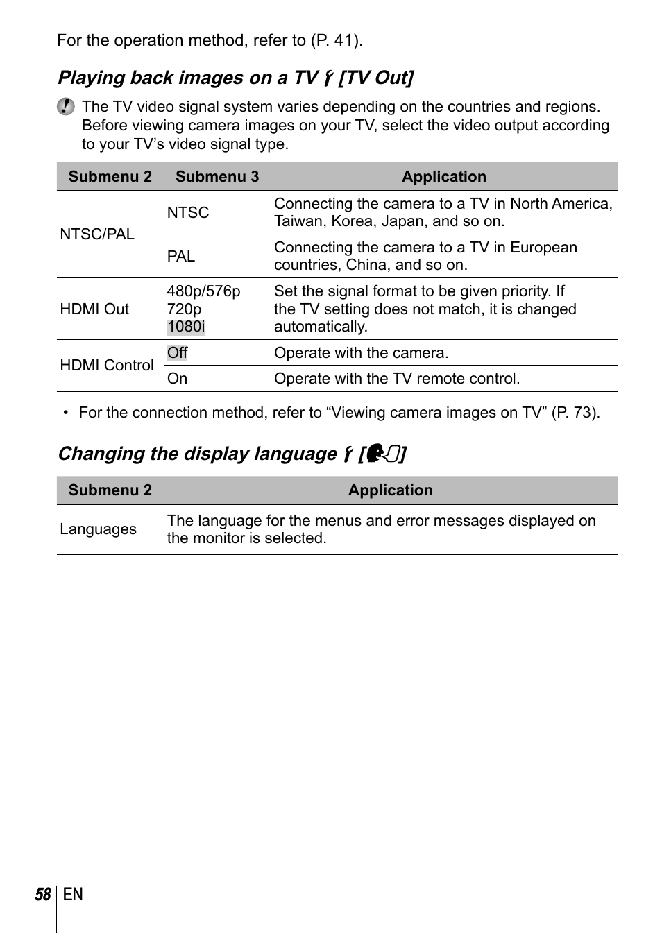 Playing back images on a tv d [tv out, Changing the display language d [ l | Olympus TG-3 User Manual | Page 58 / 118
