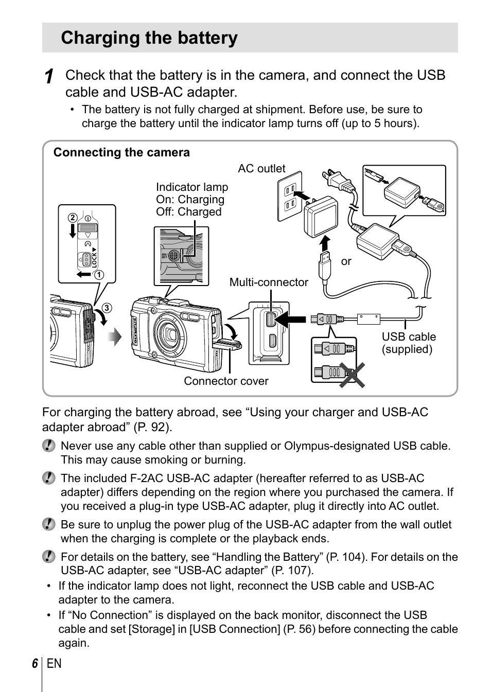 Charging the battery | Olympus TG-3 User Manual | Page 6 / 118