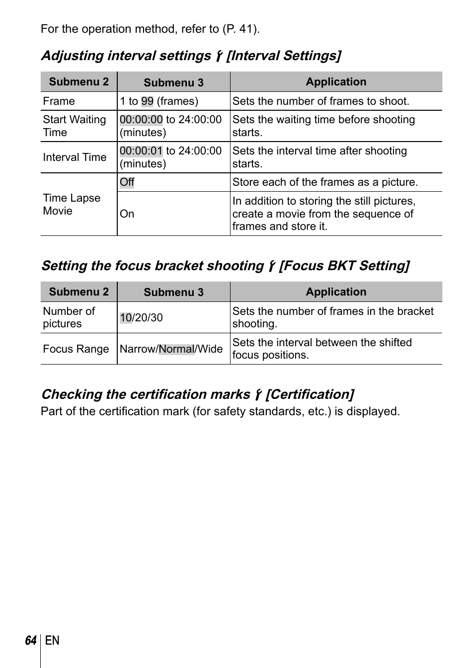 Adjusting interval settings d [interval settings, Checking the certification marks d [certification | Olympus TG-3 User Manual | Page 64 / 118