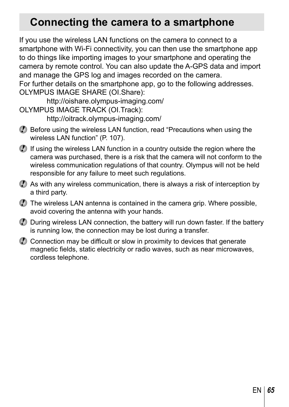 Connecting the camera to a smartphone | Olympus TG-3 User Manual | Page 65 / 118