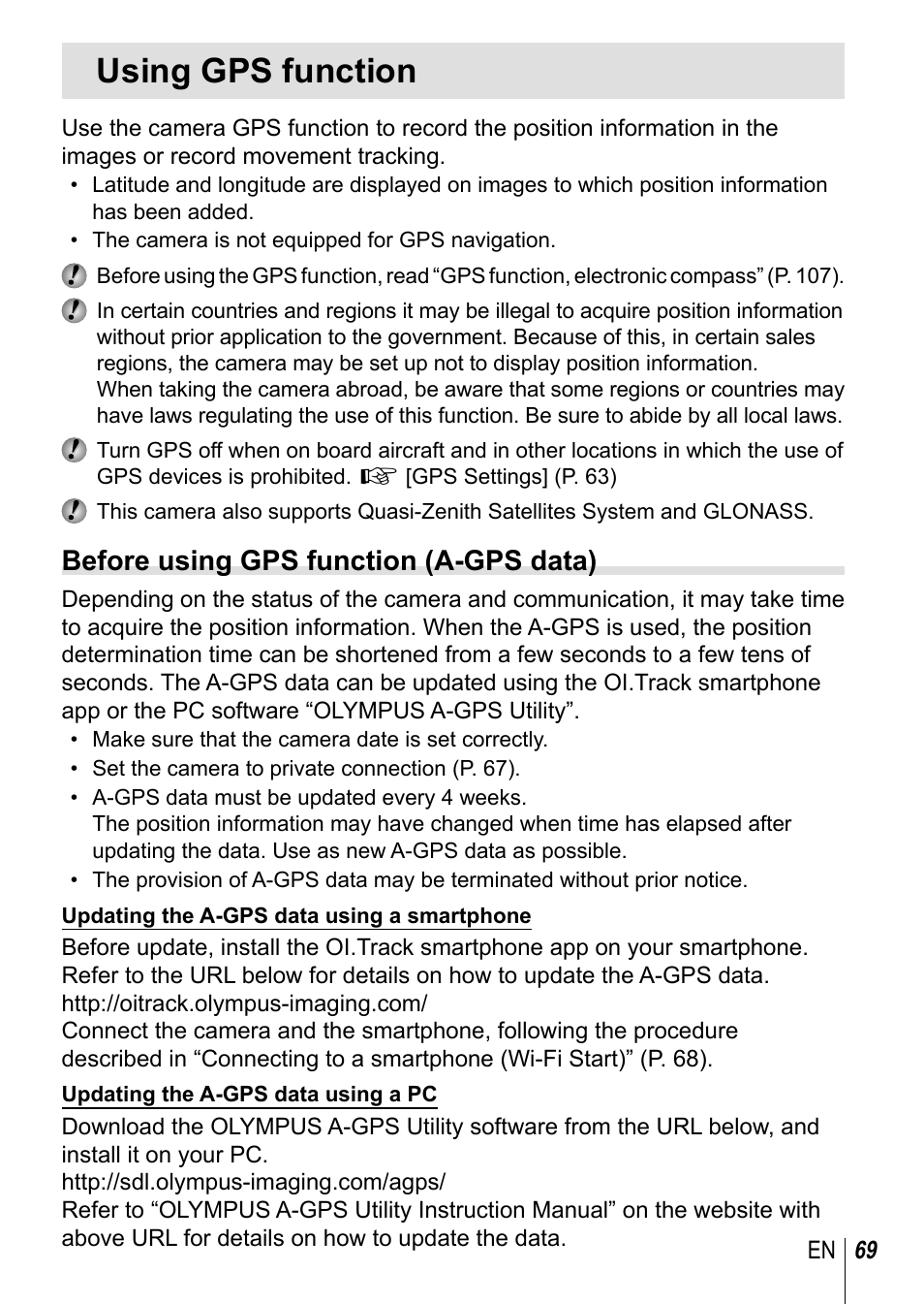 Using gps function, Before using gps function (a-gps data) | Olympus TG-3 User Manual | Page 69 / 118