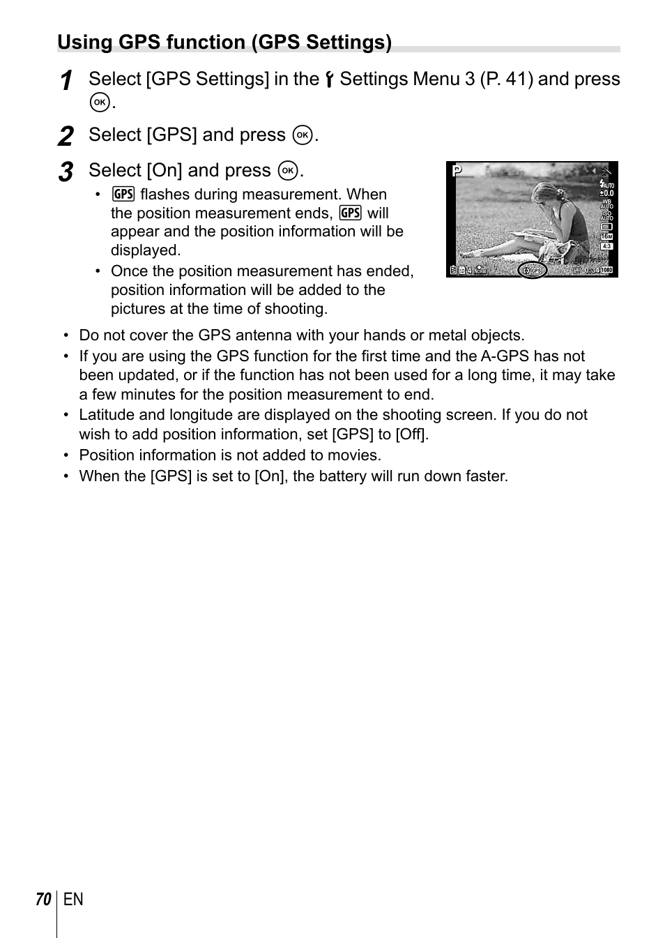 Using gps function (gps settings), Select [gps] and press a, Select [on] and press a | 70 en | Olympus TG-3 User Manual | Page 70 / 118