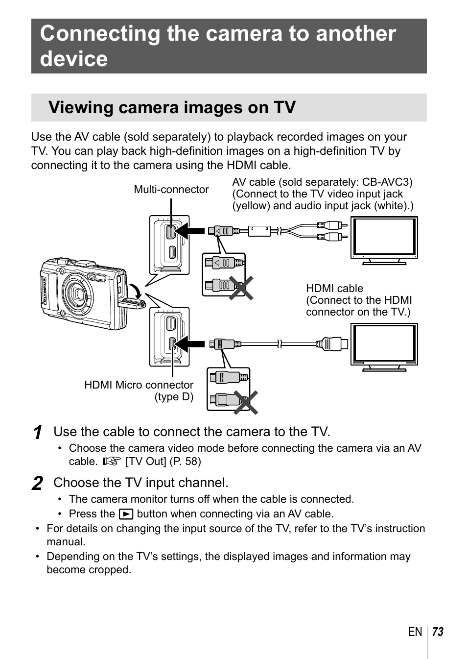 Connecting the camera to another device, Viewing camera images on tv | Olympus TG-3 User Manual | Page 73 / 118