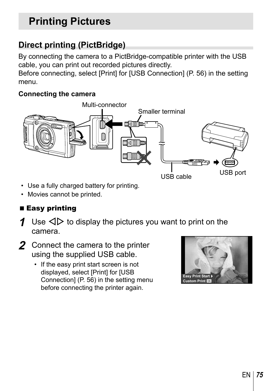 Printing pictures, Direct printing (pictbridge) | Olympus TG-3 User Manual | Page 75 / 118