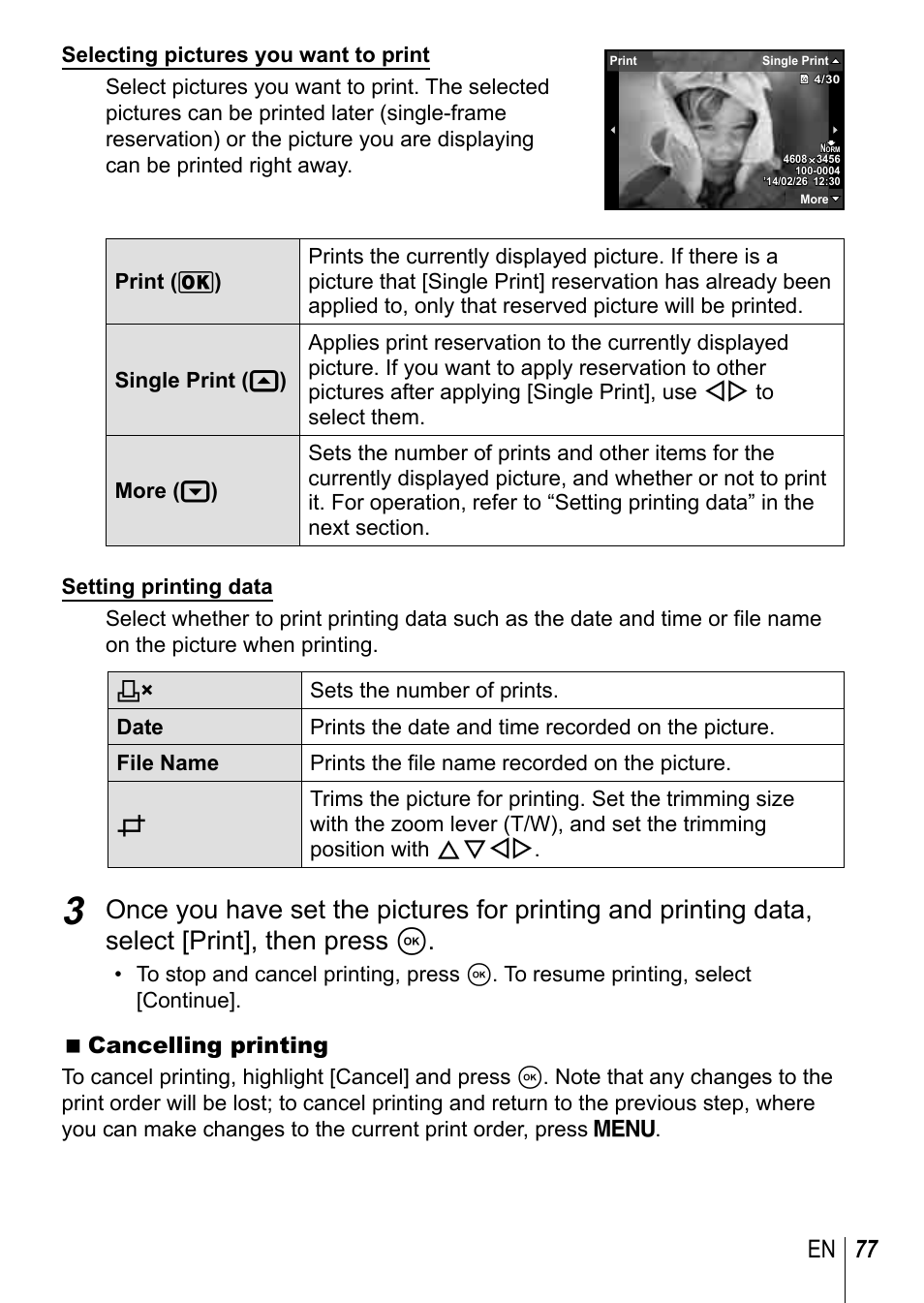 77 en, Cancelling printing | Olympus TG-3 User Manual | Page 77 / 118