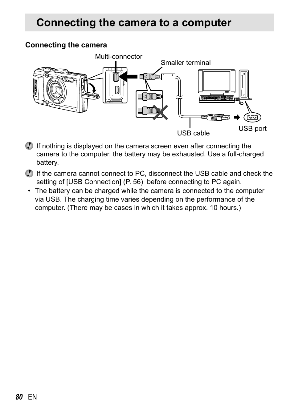 Connecting the camera to a computer | Olympus TG-3 User Manual | Page 80 / 118